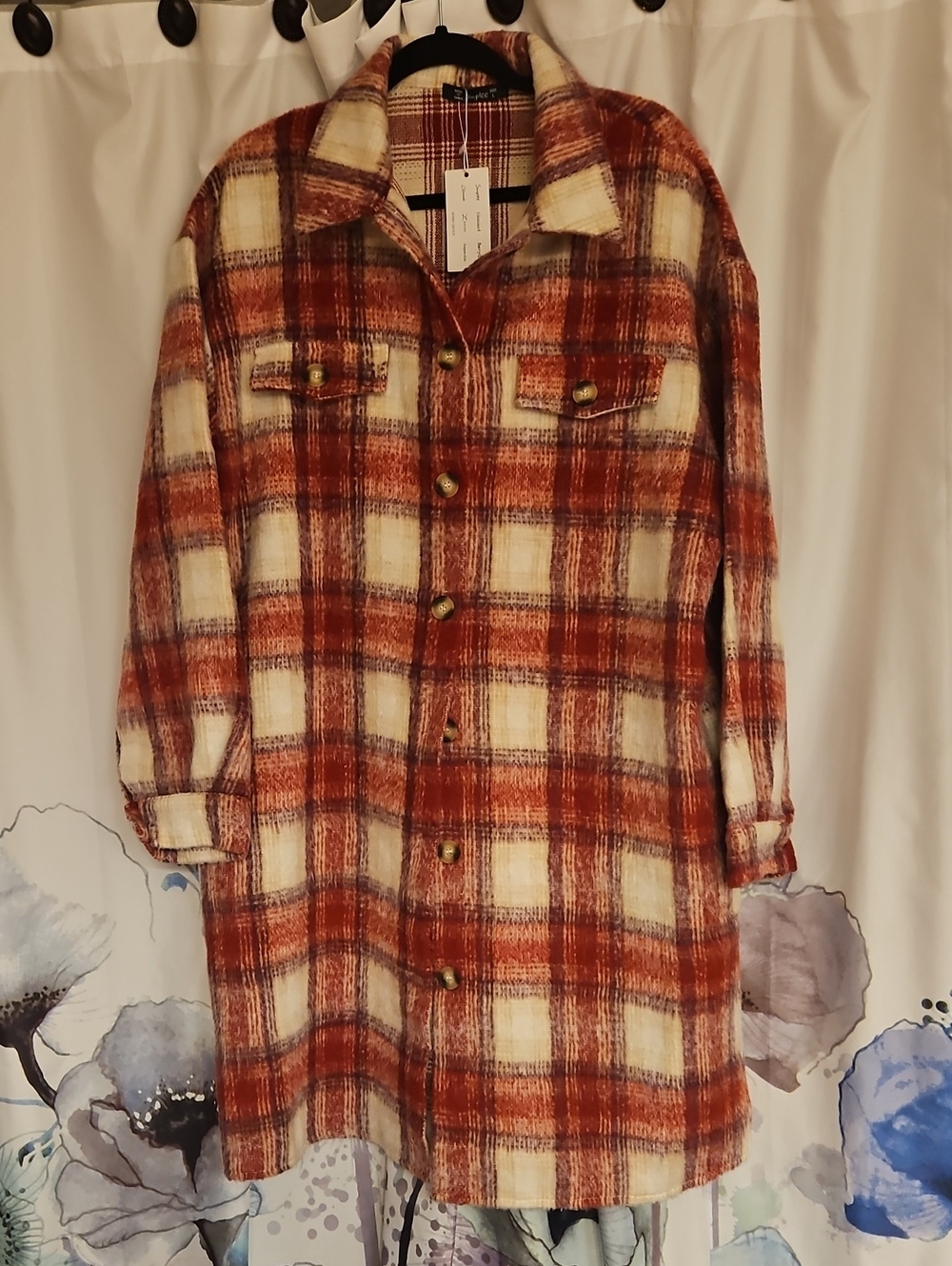 Simple Rust and Cream Plaid Long Sleeve Shirt Dress